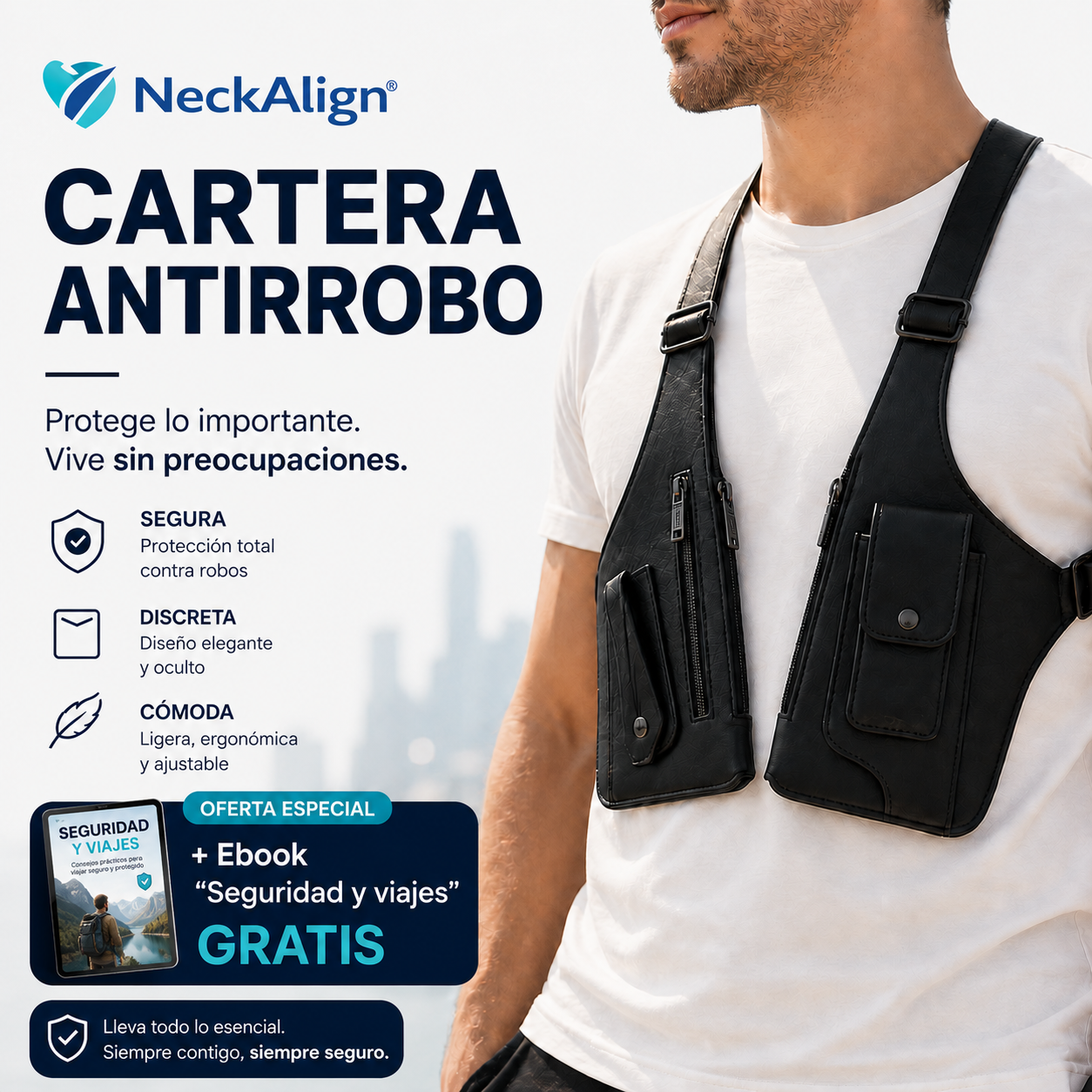 NeckAlign – Cartera Antirrobo de Cuero + Ebook "Seguridad y viajes"